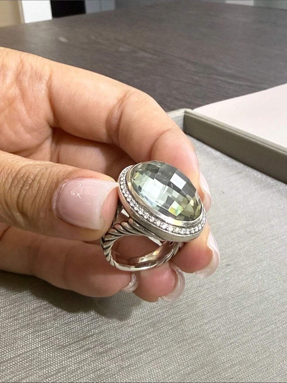 Large Oval Green Gemstone Ring with Pavé Halo David Yurman